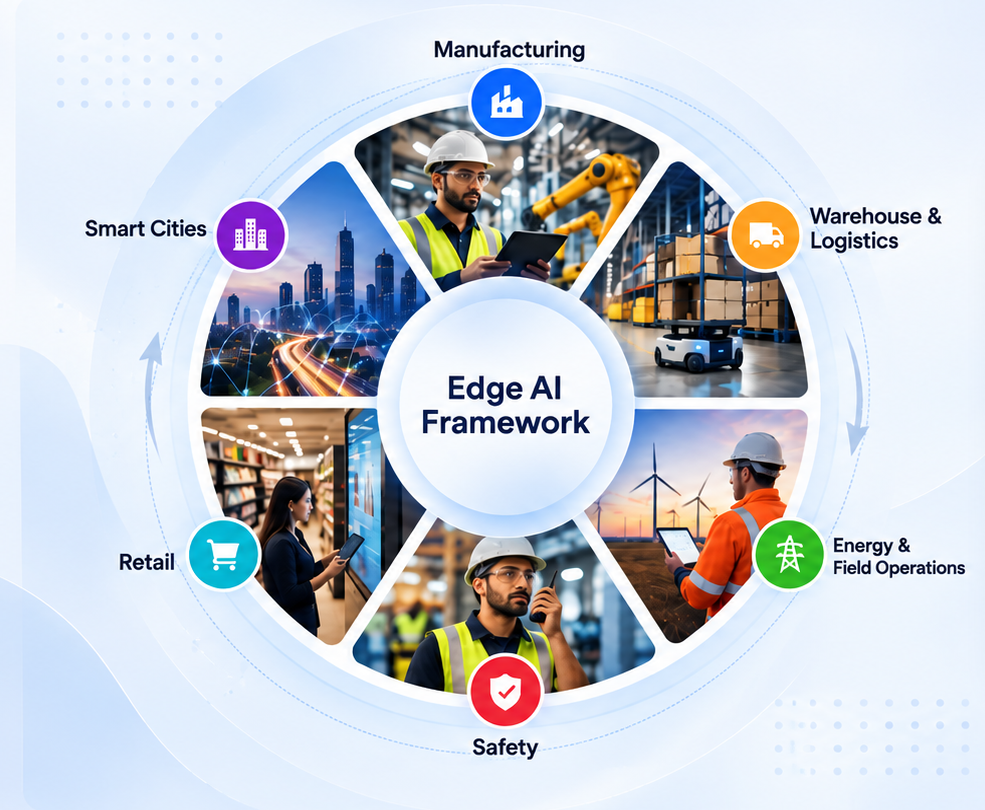 Manufacturing, Warehouse and Logistics, Energy and Field Operations, Safety, Retail, and Smart Cities Edge AI verticals
