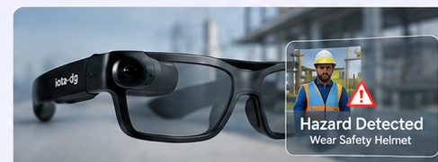 Smart glasses showing a worker safety alert overlay