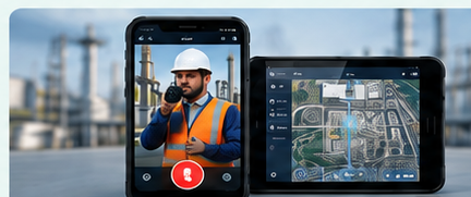 Android phone and tablet showing a frontline worker and industrial application