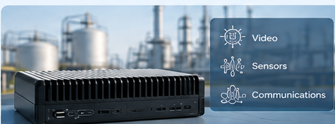 Edge AI gateway with video, sensor, and communications workload illustration